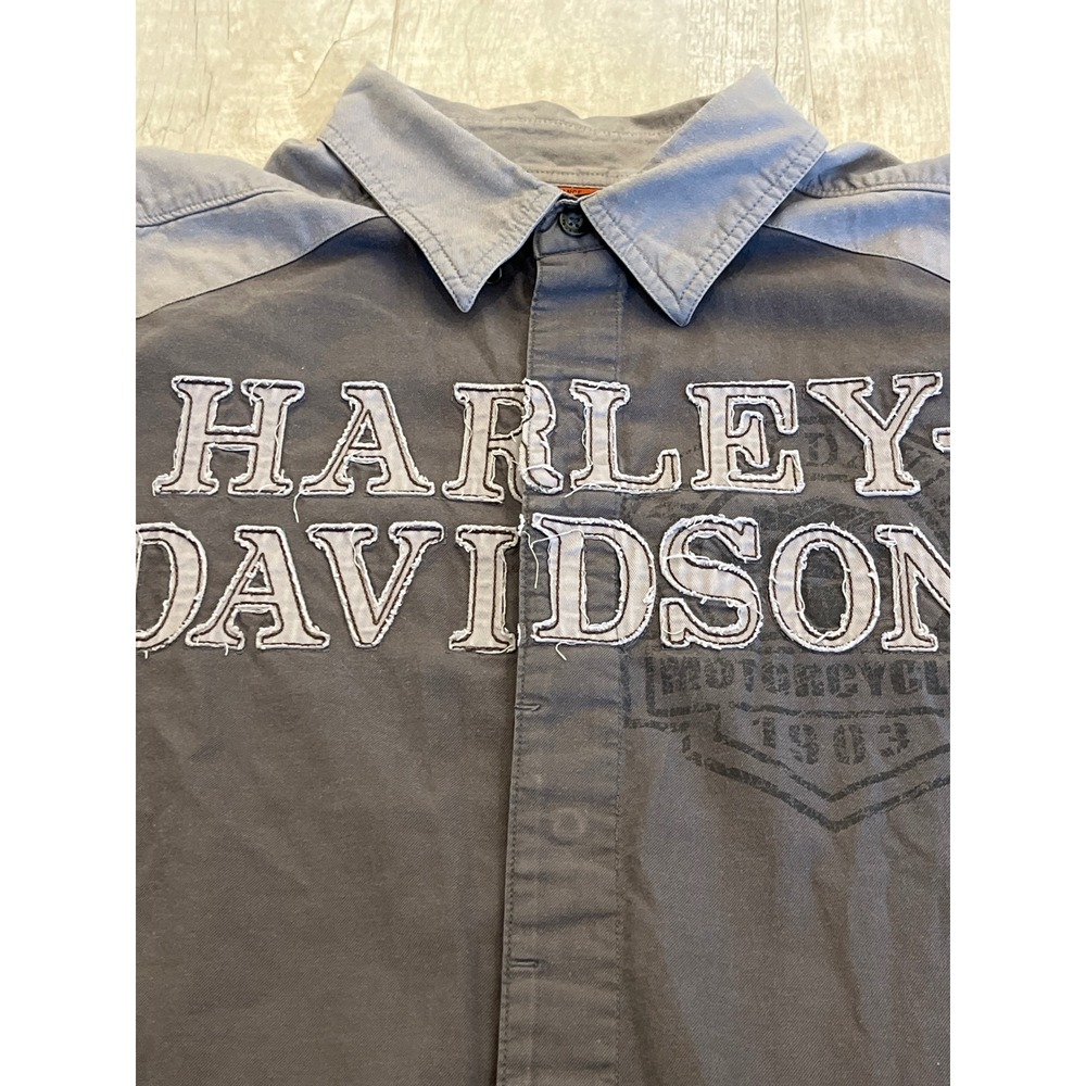 Harley Davidson Motorcycle Gray Short Sleeve Button Up‎ Shirt Men's XL